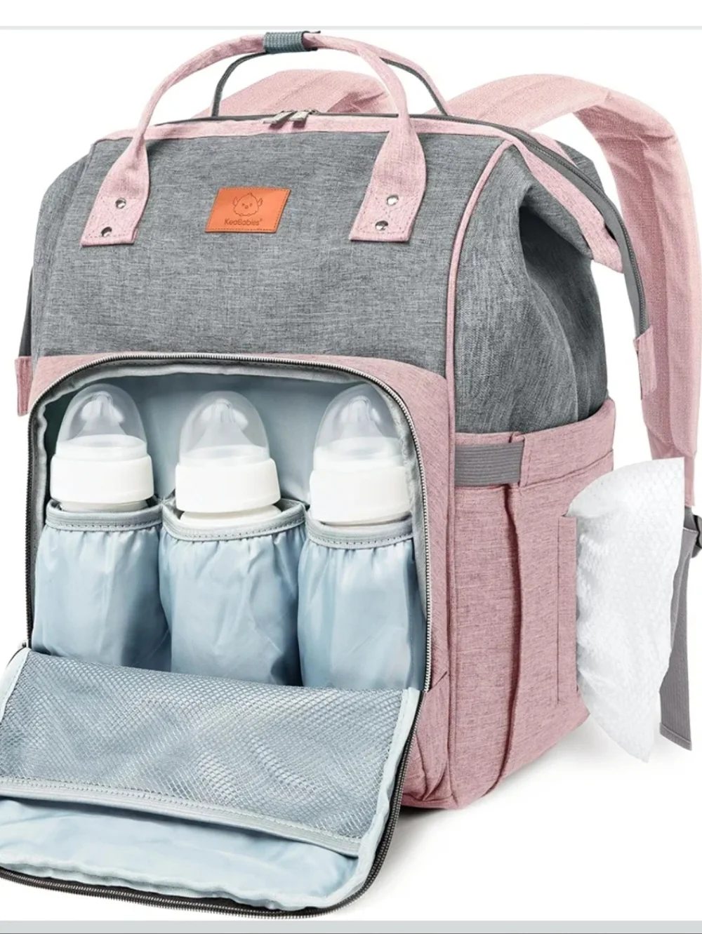 NWT Grey and Pink Diaper Backpack with Bottle Pockets